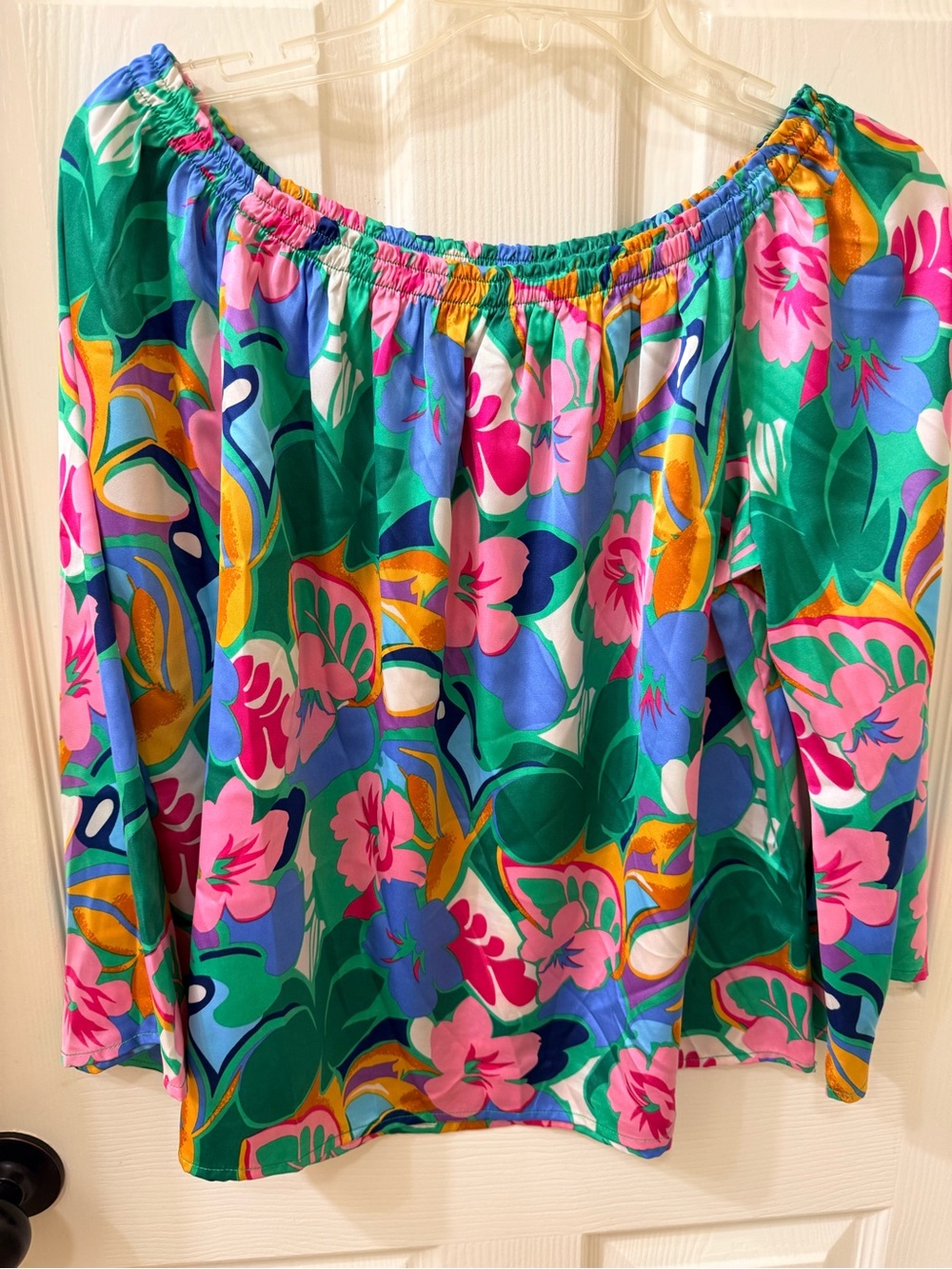 Bright Floral Off-Shoulder Top in Green, Pink & Blue